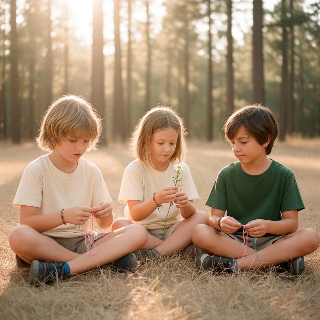Three children sitting cross-legged in golden afternoon light at a summer day camp, weaving friendship bracelets and sharing a wildflower under tall pine trees